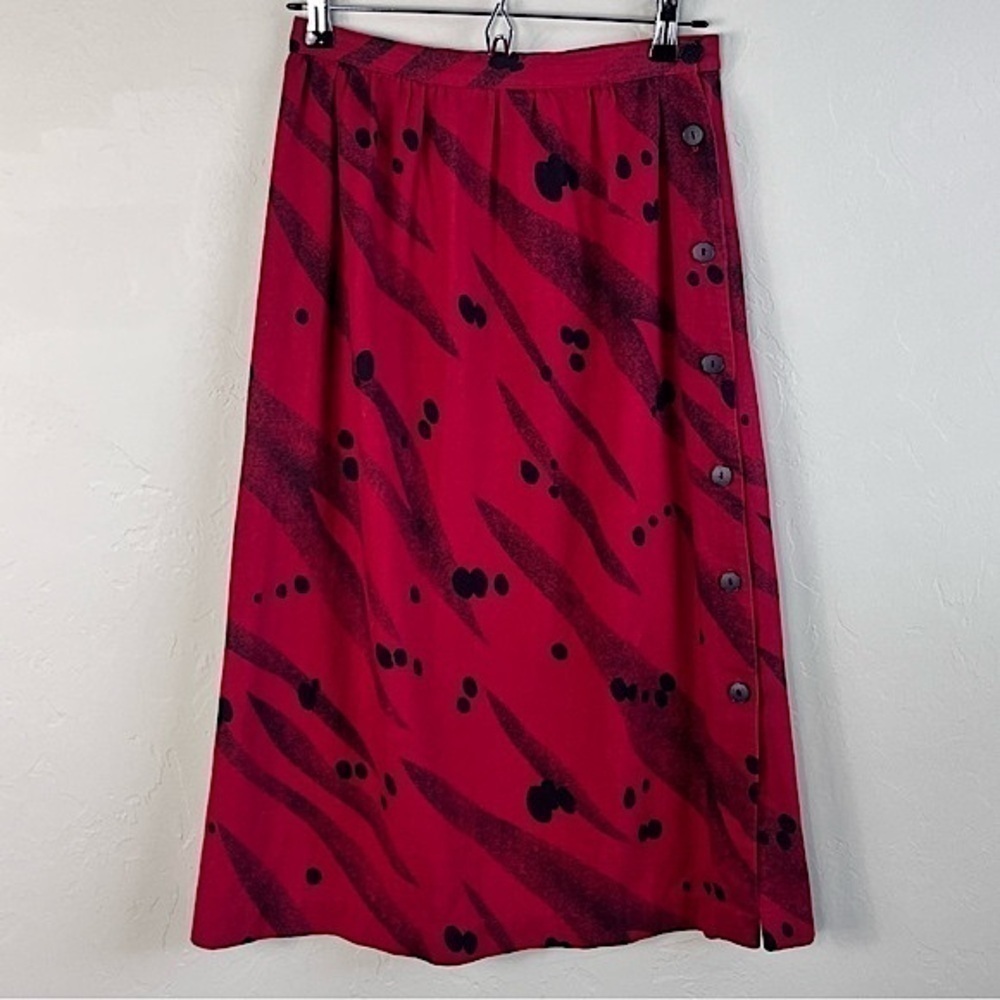 Vintage Artsy Abstract Animal Print Red & Black Button Closure Midi Skirt